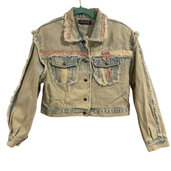 Vintage Furrina Cropped Lightwash Denim Jacket Size L - Picture 1 of 12